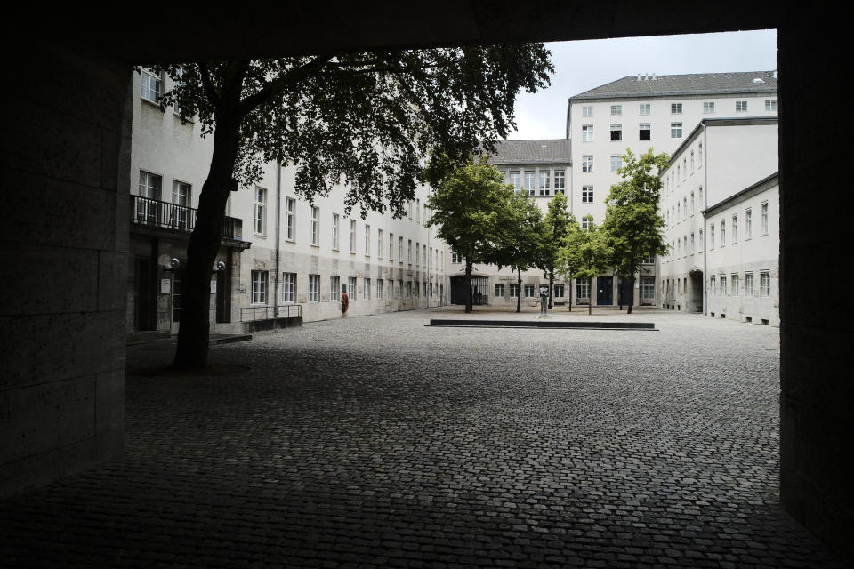 In this Friday, July 12, 2019 photo general view inside the courtyard of the Bendlerblock building of the German defensive ministry where the German Resistance Memorial Center is located, in Berlin. Several leaders of the failed assassinate to Adolf Hitler on July 20, 1944 was shoot dead in the courtyard. (AP Photo/Markus Schreiber)