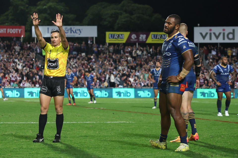 SYDNEY, AUSTRALIA - APRIL 26:  Maika Sivo of the Eels is sent to the sin-bin by referee Gerard Sutton during the round eight NRL match between Manly Sea Eagles and Parramatta Eels at 4 Pines Park on April 26, 2024, in Sydney, Australia. (Photo by Cameron Spencer/Getty Images)