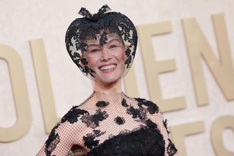 Rosamund Pike at the 81st Golden Globe Awards held at the Beverly Hilton Hotel on January 7, 2024 in Beverly Hills, California. (Photo by John Salangsang/Golden Globes 2024/Golden Globes 2024 via Getty Images)