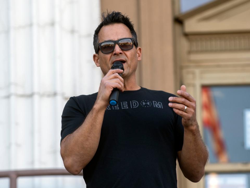 Dino Ballin speaks at a rally of business owners opposed to California's COVID-19 lockdown in front of City Hall in downtown Stockton in 2020. Ballin is running to represent District 2 on the Board of Supervisors in June 2022.