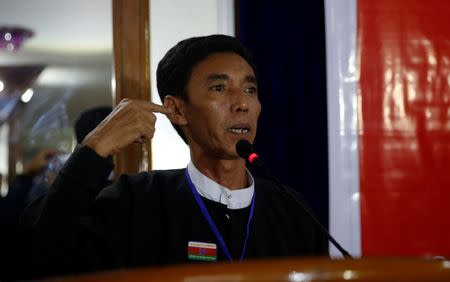 Ko Latt talks to media during a press conference about a scuffle between Buddhist nationalists and Muslims in Yangon, Myanmar, May 11, 2017. Picture taken on May 11, 2017. REUTERS/Soe Zeya Tun