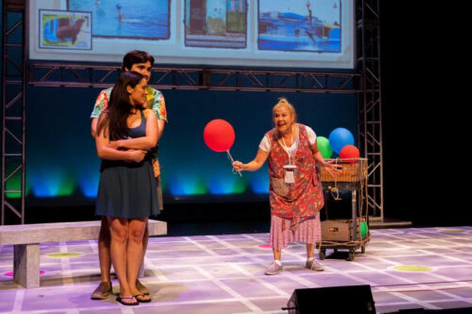 Honeymooners Olivia (Lauren Cristina López) and Jason (Samuel Krogh) decline a balloon offered by a globera (Evelyn Perez) outside Havana’s national aquarium in Joel Castillo’s “Balloo(n).”