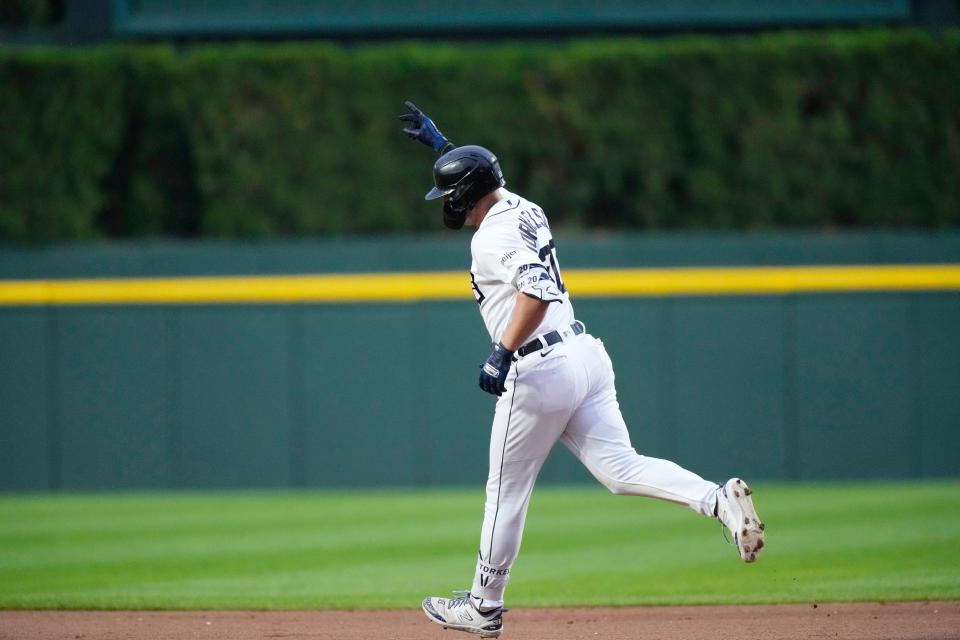 Detroit Tigers' Spencer Torkelson rounds the bases after his solo home run during the fifth inning against the Minnesota Twins at Comerica Park in Detroit on Wednesday, Aug. 9, 2023.