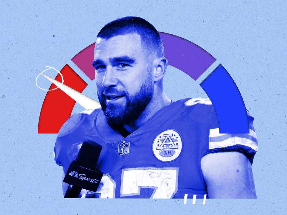 Photo collage featuring Travis Kelce, the tight end for the Kansas City Chiefs (87), along with a credit score range icon with an arrow on red.