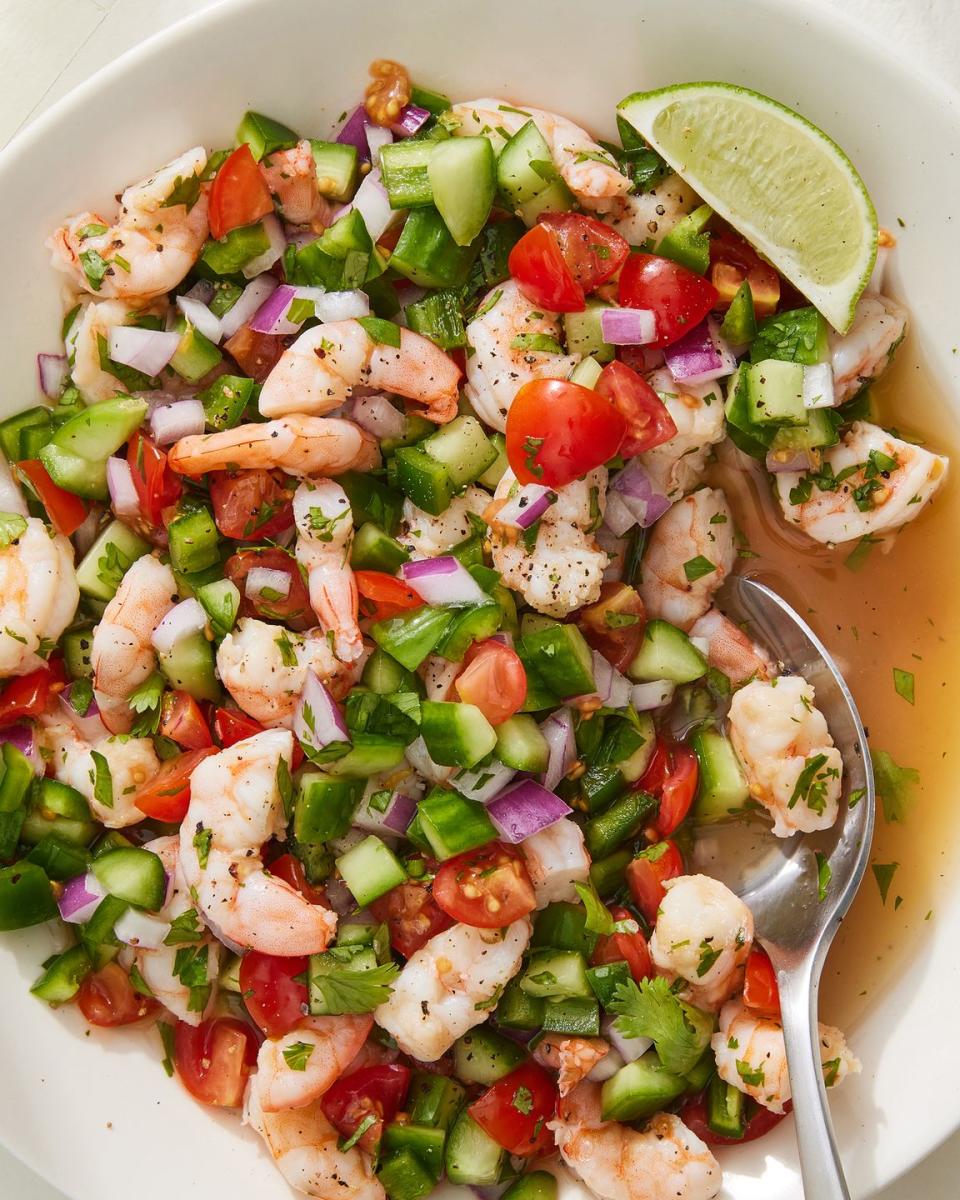 shrimp ceviche with tomatoes, cucumbers and red onion