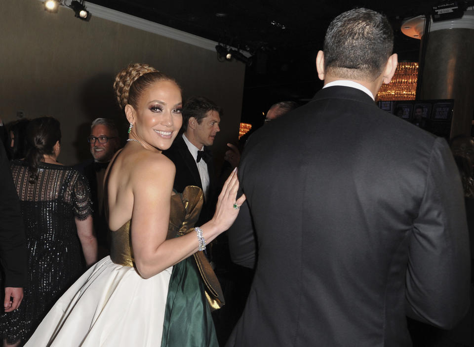 Jennifer Lopez, left, and Alex Rodriguez attend the 77th annual Golden Globe Awards at the Beverly Hilton Hotel on Sunday, Jan. 5, 2020, in Beverly Hills, Calif. (Richard Shotwell/Invision/AP)