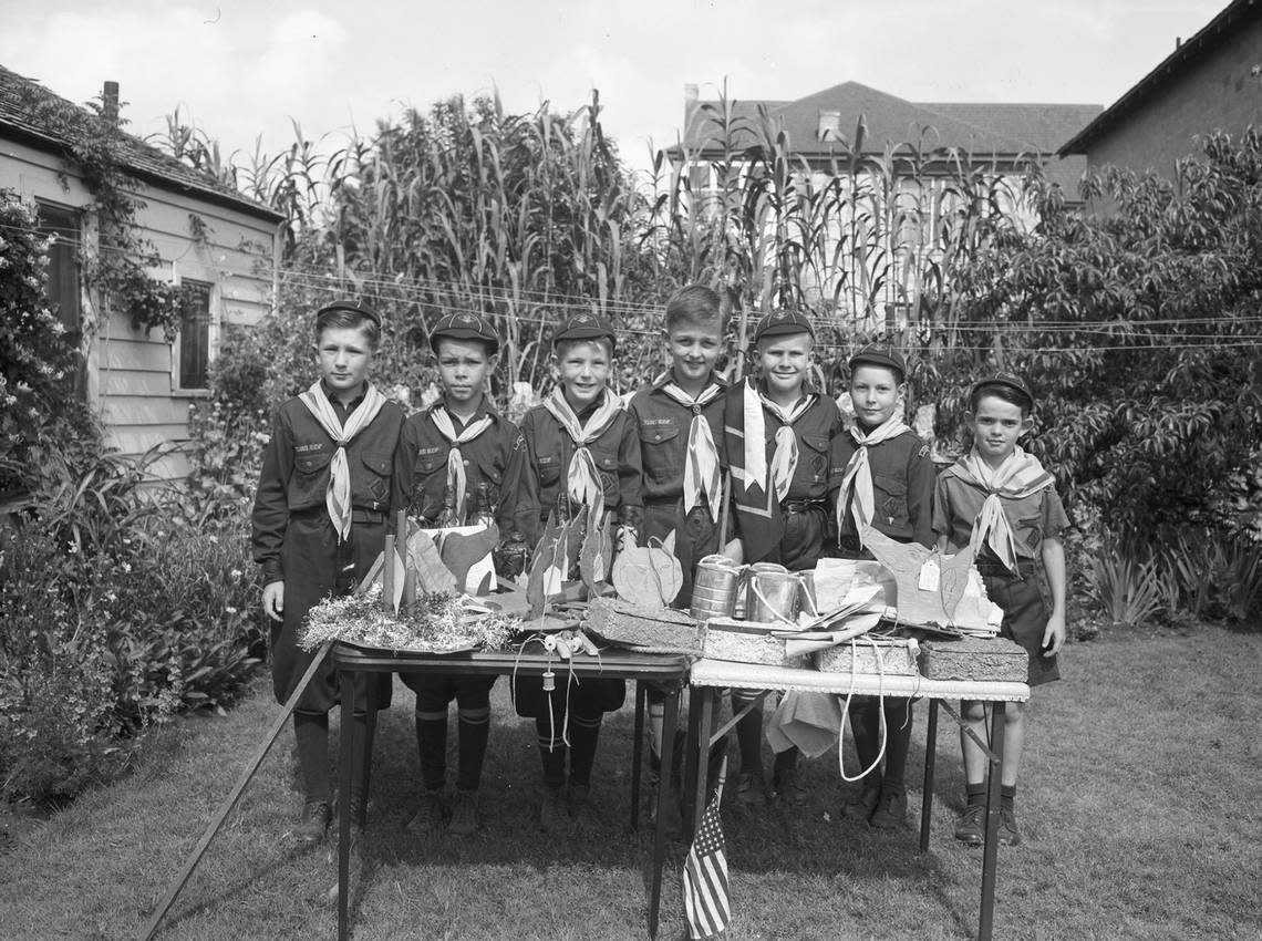 May 11, 1945: Cub Scouts, left to right: Buddy Bruner, Jimmy Ginn, Victor Tinsley, Junior, Dan Creson, Dale Stephenson, John Cassidy and Donald Dean. Cub Scouts of Pack 3, Den 2, Horned Frog District, who received a blue ribbon for their handicraft exhibition last week. Pictured on the tables are some of their prize-winnings handicraft work. Fort Worth Star-Telegram archive/UT Arlington Special Collections