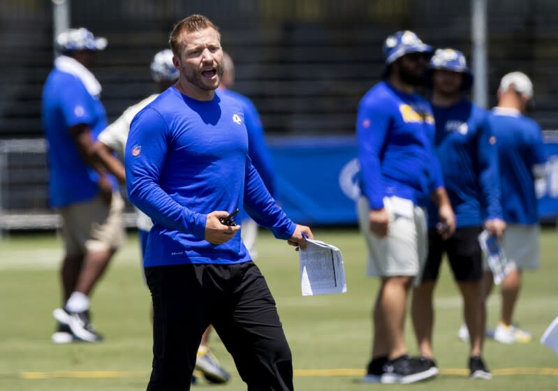 IRVNE, CA - JULY 24, 2022: Rams coach Sean McVay calls out plays.