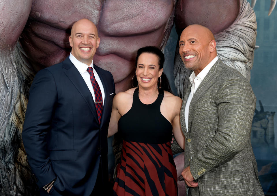 Hiram Garcia, Dany Garcia and Dwayne Johnson at "Rampage" premiere. (Photo: Kevin Winter via Getty Images)