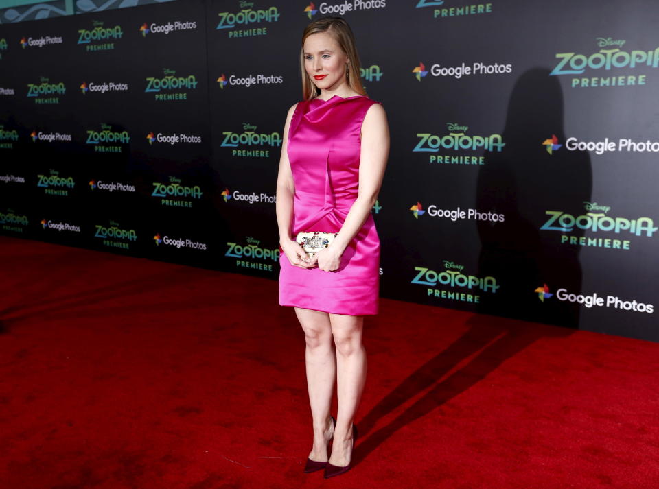 Kristen Bell, who gives voice to the character of Priscilla, poses at the premiere of "Zootopia" at El Capitan theatre in Hollywood, California, on Feb. 17, 2016.