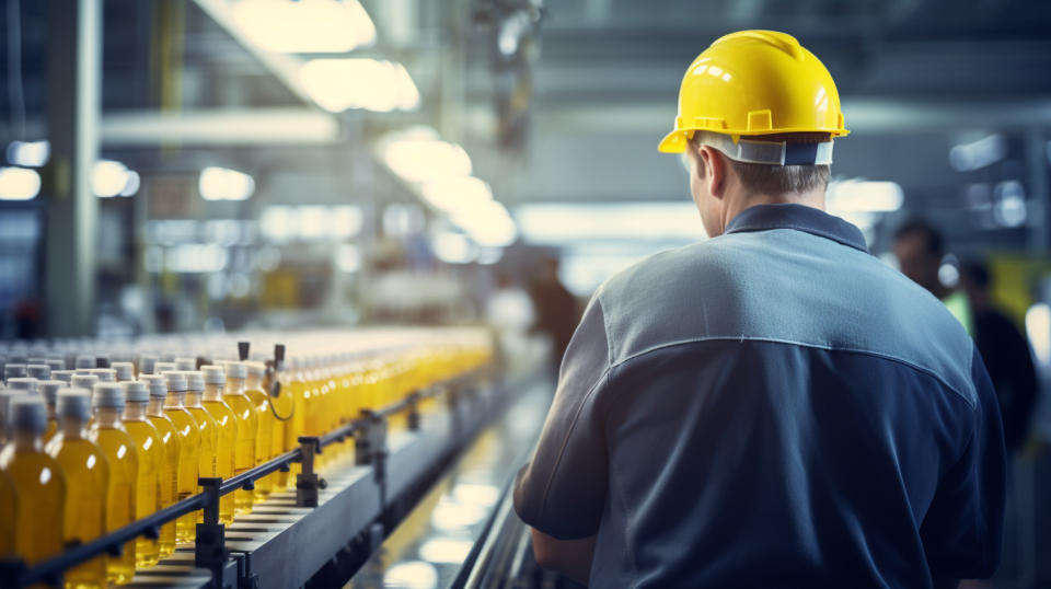 A factory worker monitoring a conveyor belt of specialty chemicals being produced.