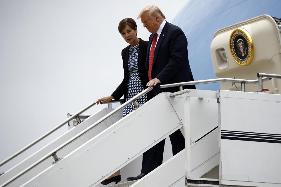 Trump steps off Air Force One with Iowa Gov. Kim Reynolds on June 11, 2019. Rep. Steve King, once a close ally of both politicians, reportedly wasn't allowed to travel on the plane. (Photo: ASSOCIATED PRESS)