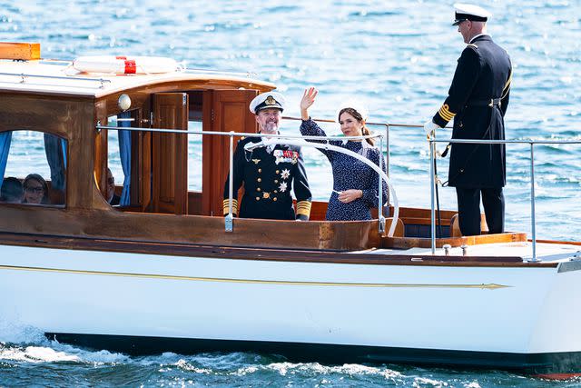 <p>Martin Sylvest Andersen/Getty</p> King Frederik and Queen Mary on the Royal Ship Dannebrog on May 2, 2024 in Copenhagen, Denmark.