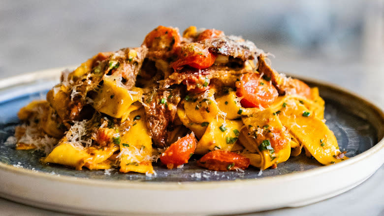 homemade papparedelle with chile, tomato and cricket strips