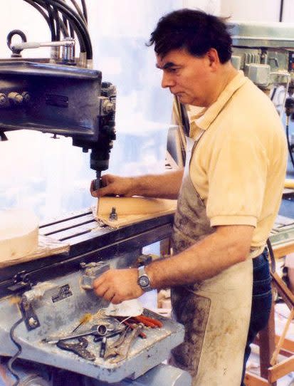 The late Keith Rogers cuts the profile of the wooden cornett using the Bridgeport copying router