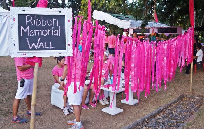 Memorial wall: This ribbon memorial wall is dedicated to remember those who has died of breast cancer.