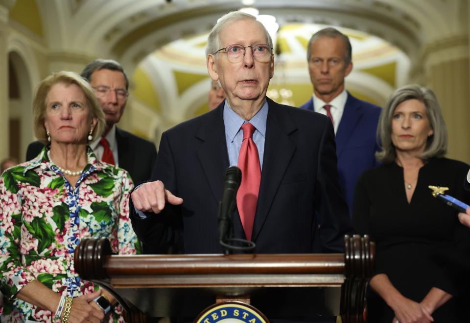 Senate Minority Leader Mitch McConnell, R-Ky., speaks during a news conference following a closed-door lunch meeting with Senate Republicans at the U.S. Capitol September 6, 2023 in Washington, DC. McConnell declined to elaborate about his recent health issues and pointed reporters to a statement from the Attending Physician of Congress Dr. Brian P. Monahan.