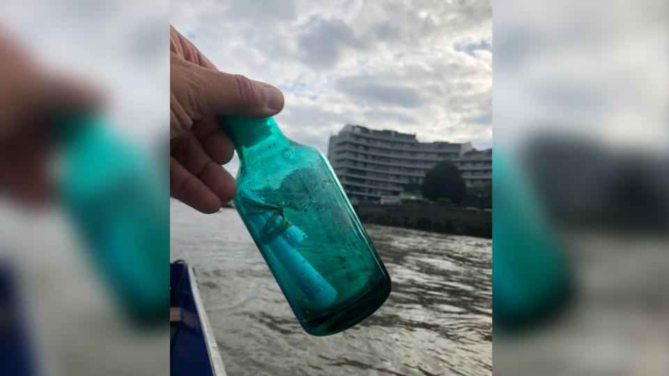 The message in the bottle was round in the Thames in the UK. Source: Twitter/James Herring