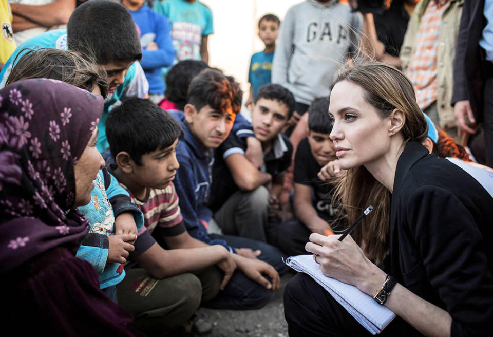 Angelina Jolie Listening To Syrian Refugees In A Jordanian Military Camp
