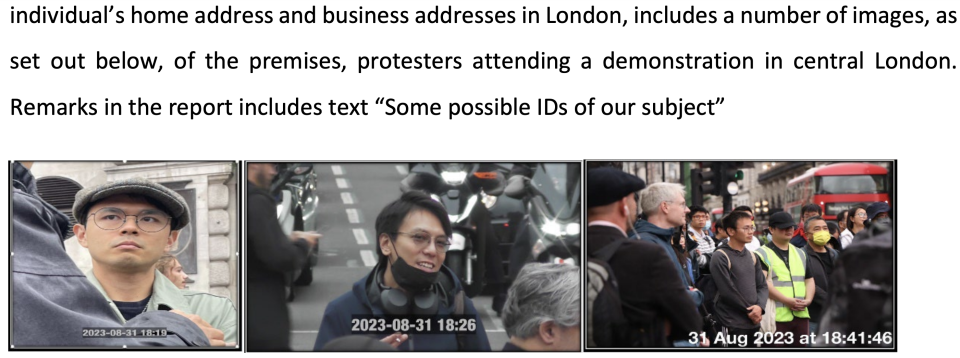 英國警方從 Trickett 的手機中找到一份監視任務報告，內藏多張示威活動現場人士的照片。    （起訴書撮圖）