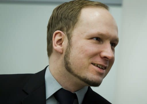 Norway killer Anders Behring Breivik, pictured during his trial in Oslo. A brother of one of Breivik's 77 victims threw a shoe at him Friday, screaming "you killer, go to hell!", in the first serious incident since the Norwegian's trial began on April 16