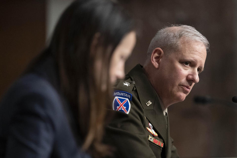 FILE - Director of National Intelligence Avril Haines and DIA Director Lt. General Scott Berrier appear during a Senate Armed Services hearing to examine worldwide threats on Capitol Hill in Washington, May 10, 2022. aines told lawmakers recently that intelligence officials will review how they assess a foreign government's will to fight and capacity to fight. (AP Photo/Jose Luis Magana, File)