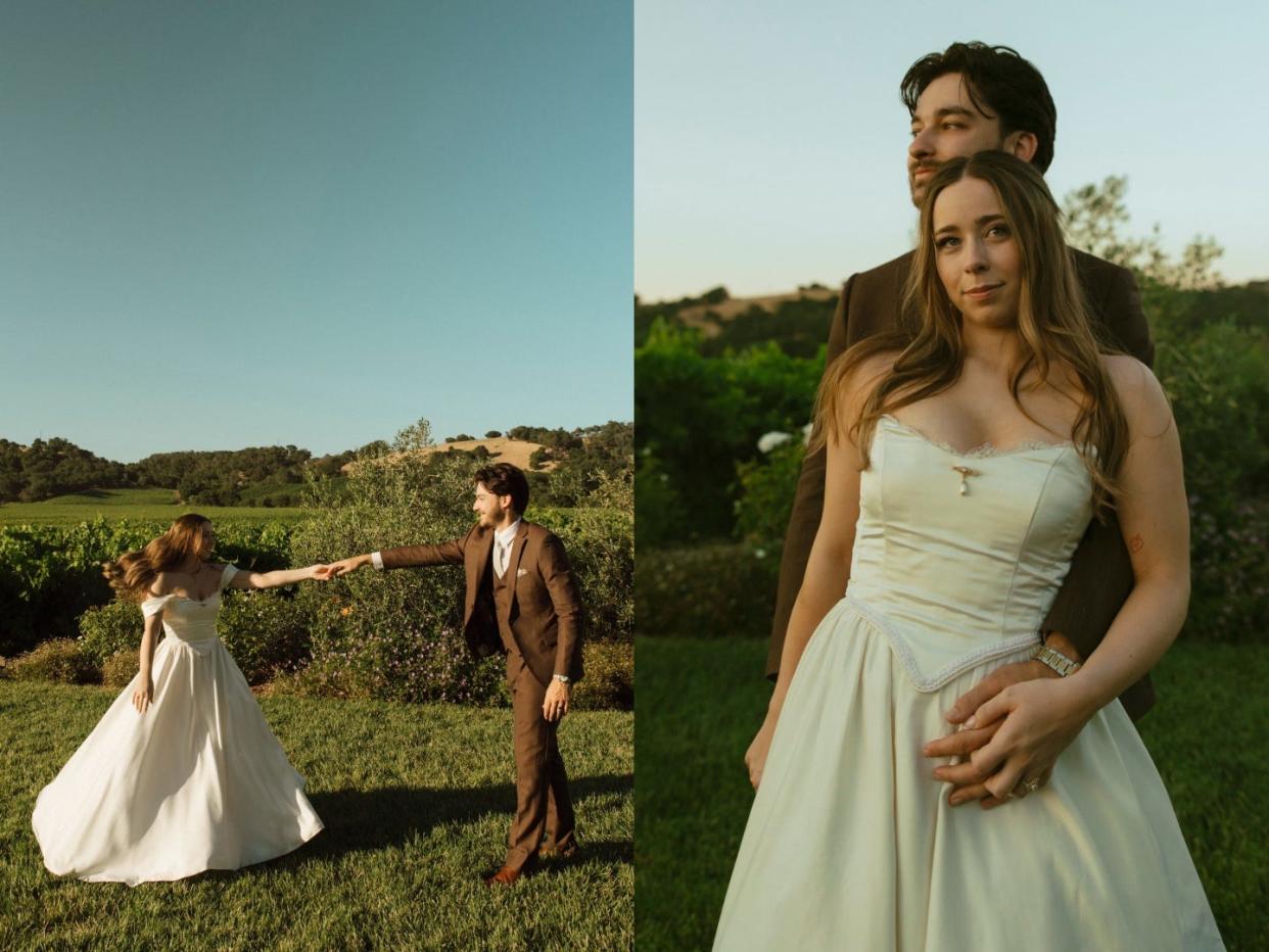 A composite image of a bride and groom holding hands in a field and the same bride and groom posing together, the groom standing behind the bride.