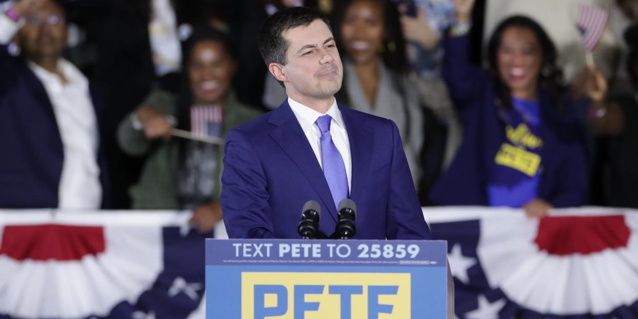 Democratic presidential candidate and former South Bend, Indiana Mayor Pete Buttigieg addresses supporters at a rally at Drake University in Des Moines, Iowa, on February 3.