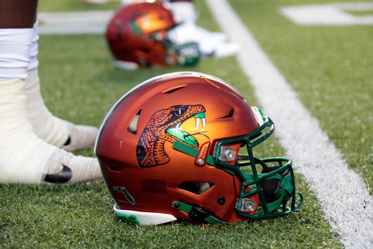 FILE - A Florida A&M helmet sports the Rattlers logo before an NCAA college football game against North Carolina in Chapel Hill, N.C., Saturday, Aug. 27, 2022.