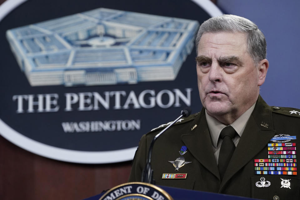 Joint Chiefs of Staff Gen. Mark Milley speaks during a briefing with Secretary of Defense Lloyd Austin at the Pentagon in Washington, Wednesday, Sept. 1, 2021, about the end of the war in Afghanistan. (AP Photo/Susan Walsh)