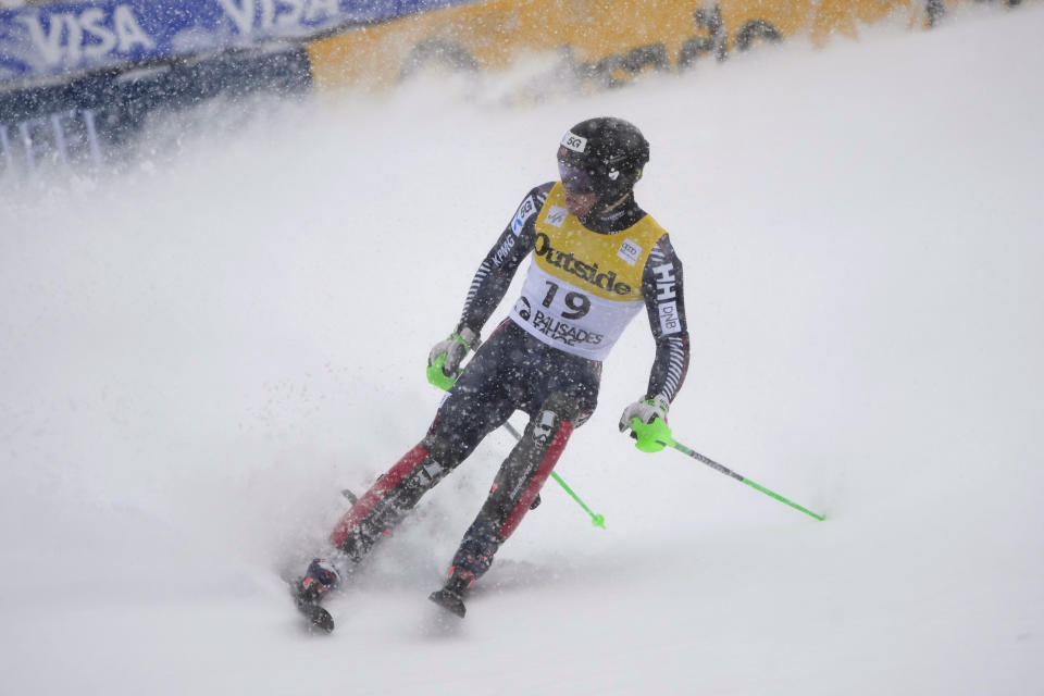 Norway's Timon Haugan finishes a men's World Cup slalom skiing race, Sunday, Feb. 26, 2023, in Olympic Valley, Calif. (AP Photo/John Locher)