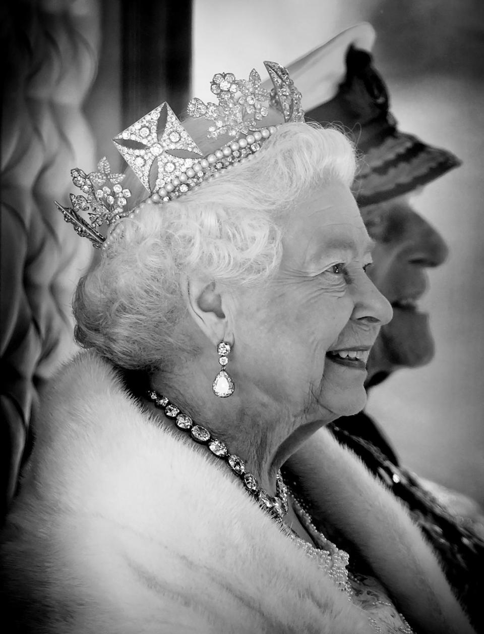 <p>Queen Elizabeth II was photographed in the Diamond Jubilee state coach after the opening of Parliament wearing the Diamond Diadem—originally made for King George IV by Rundell, Bridge, and Rundell in 1820—the Coronation earrings and the Coronation necklace, created by Garrard in 1858 for Queen Victoria.</p>