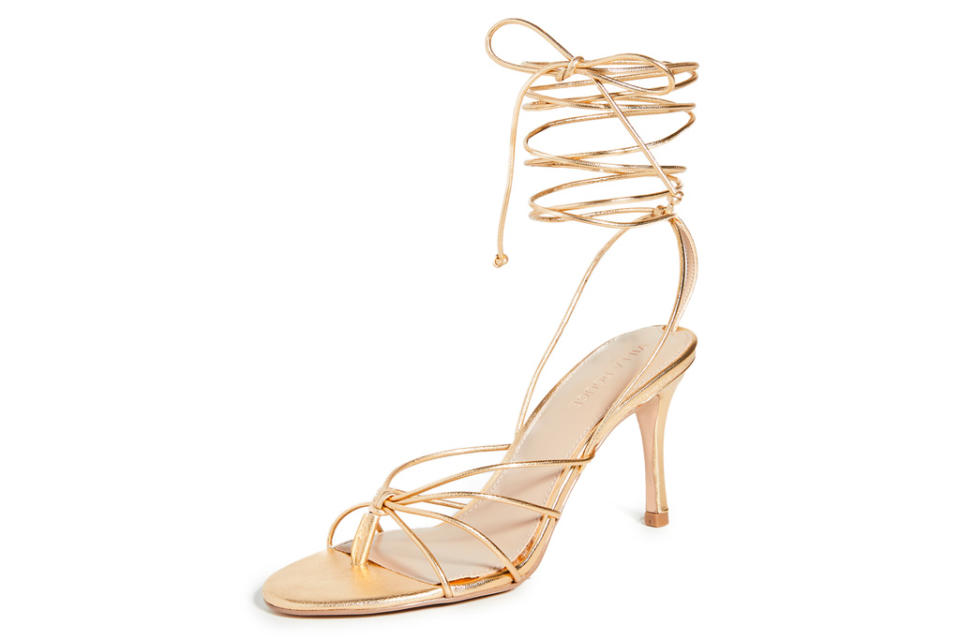 gold sandals, heels, ankle wrap, stiletto, villa rouge