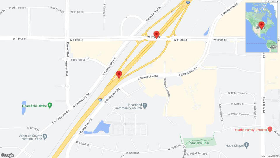 A detailed map that shows the affected road due to 'Broken down vehicle on eastbound I-35 in Olathe' on December 22nd at 1:49 p.m.