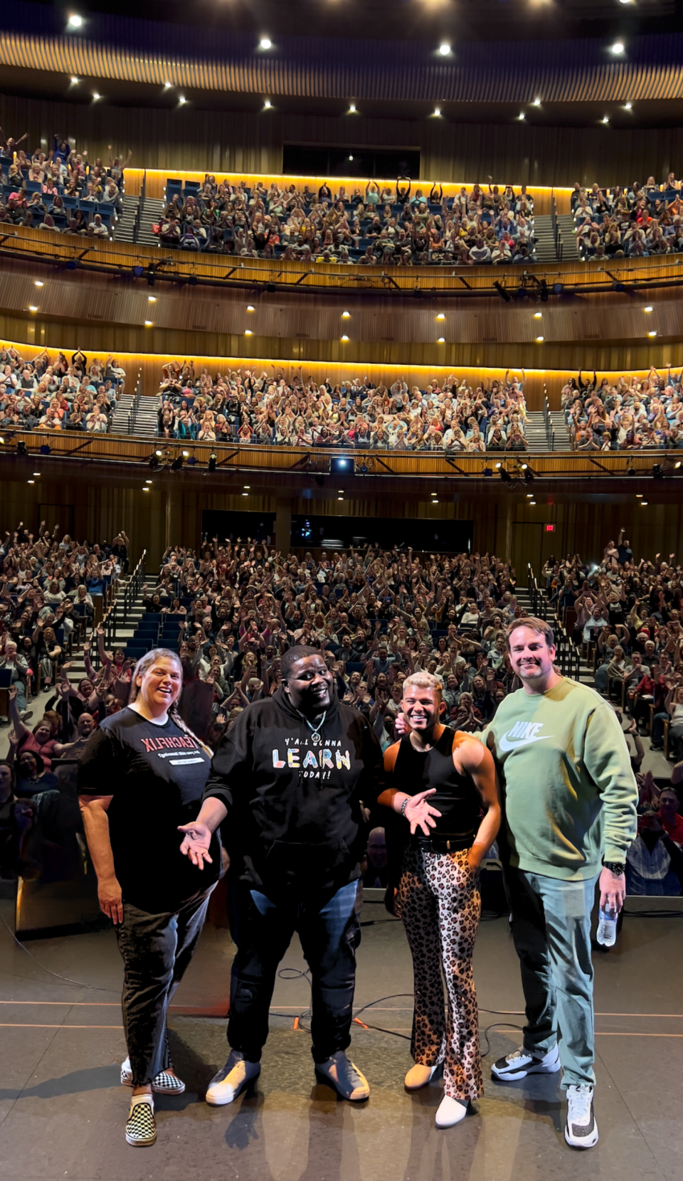 Bored Teachers Comedy Tour comedians Liz Blanc, KC Mack, Tell Williams, and Devin Siebold.