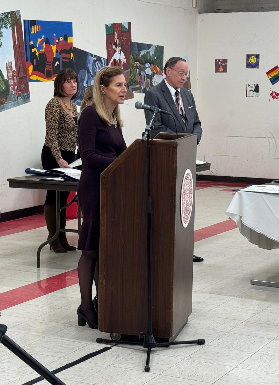 Lt. Gov. Susan Bysiewicz speaks at the event honoring Martin Luther King Jr. held at Norwich Free Academy Friday afternoon.