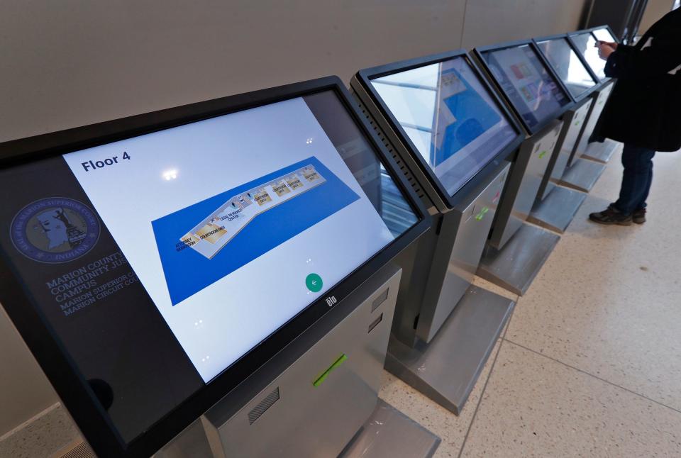 Touch menus are part of the upgraded technology that help visitors navigate around the new Marion County Courthouse building which houses the new Marion County Superior and Marion Circuit Courts, seen Friday, March 11, 2022, on the Community Justice Campus.