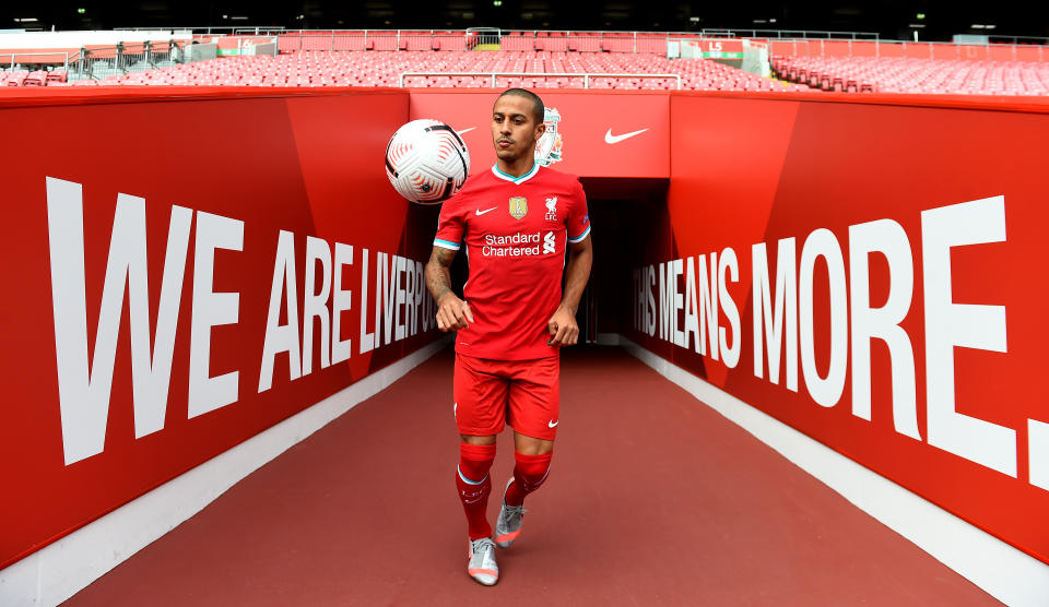 LIVERPOOL, ENGLAND - SEPTEMBER 18: (THE SUN OUT, THE SUN ON SUNDAY OUT) Thiago Alcantara new signing of Liverpool at Anfield on September 18, 2020 in Liverpool, England. (Photo by Andrew Powell/Liverpool FC via Getty Images)