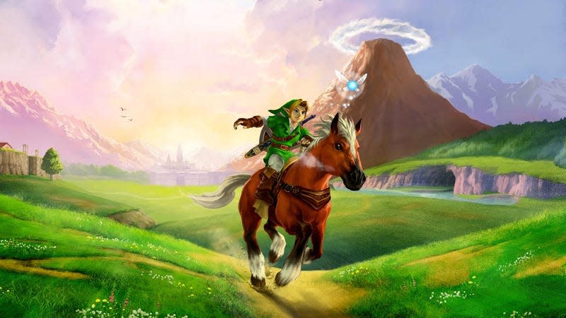 Link rides Epona down a mountain path. 