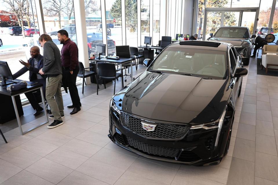 PHOTO: In this Jan. 31, 2023, file photo, Cadillac vehicles are offered for sale at a dealership in Lincolnwood, Illinois.  (Scott Olson/Getty Images, FILE)