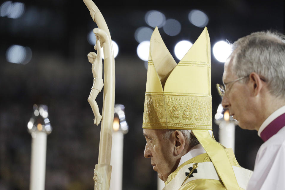 Pope Francis celebrates a Mass at the National Stadium, Thursday, Nov. 21, 2019, in Bangkok, Thailand. (AP Photo/Gregorio Borgia)