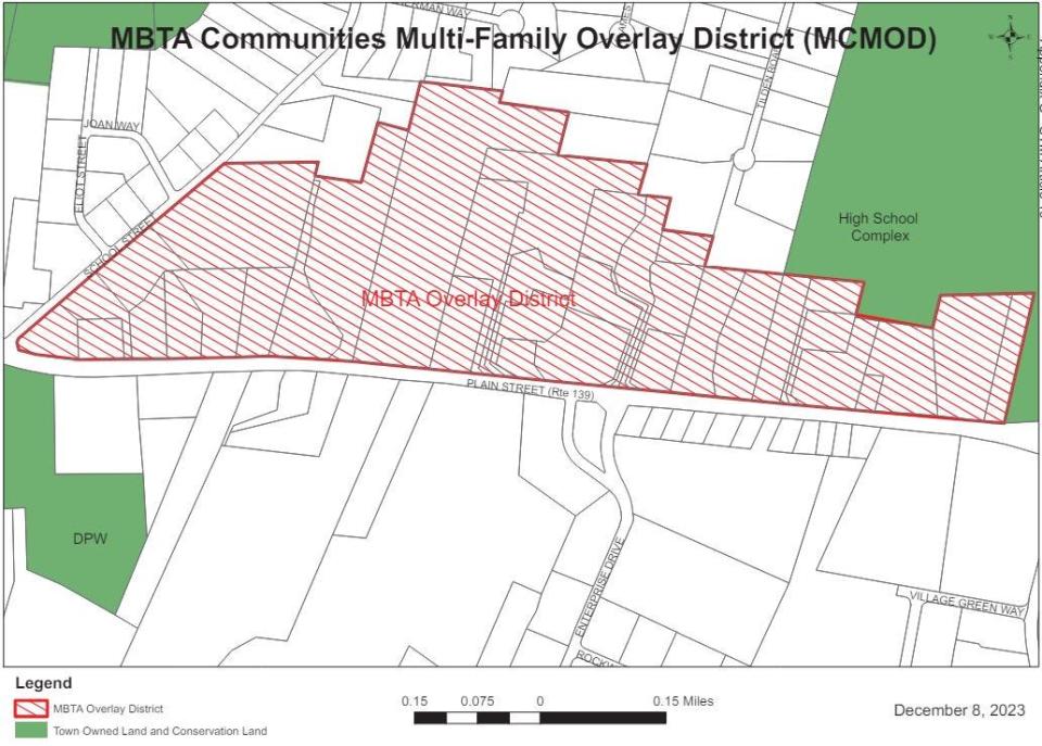 Marshfield proposed its MBTA multifamily housing zoning overlay district on the north side of Route 139 and east of School Street.
