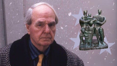 <span class="caption">Henry Moore photographed by Allan Warren, and Moore's sculpture Family Group, photographed by Andrew Dunn.</span> <span class="attribution"><a class="link " href="https://commons.wikimedia.org/wiki/File:Henry_Moore_in_workshop_Allan_Warren_(cropped).jpg" rel="nofollow noopener" target="_blank" data-ylk="slk:Wikimedia;elm:context_link;itc:0;sec:content-canvas">Wikimedia</a>, <a class="link " href="http://creativecommons.org/licenses/by-sa/4.0/" rel="nofollow noopener" target="_blank" data-ylk="slk:CC BY-SA;elm:context_link;itc:0;sec:content-canvas">CC BY-SA</a></span>