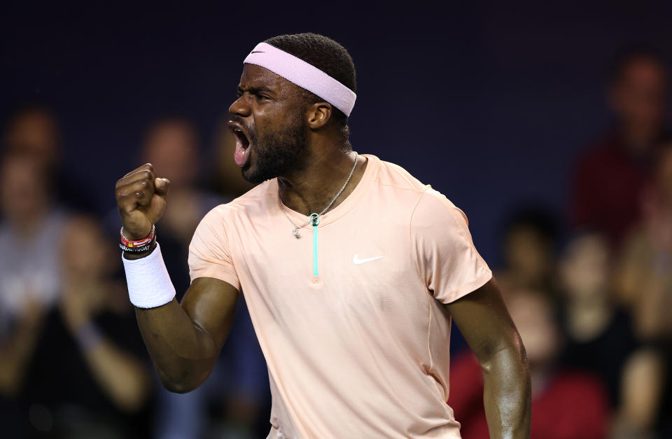 Frances Tiafoe, pictured here celebrating his victory at the Paris Masters.