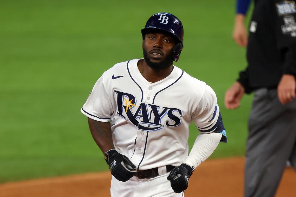 Rays rookie Randy Arozarena ties Derek Jeter's postseason hit record and ties a home run record shared by Barry Bonds. (Photo by Ronald Martinez/Getty Images)