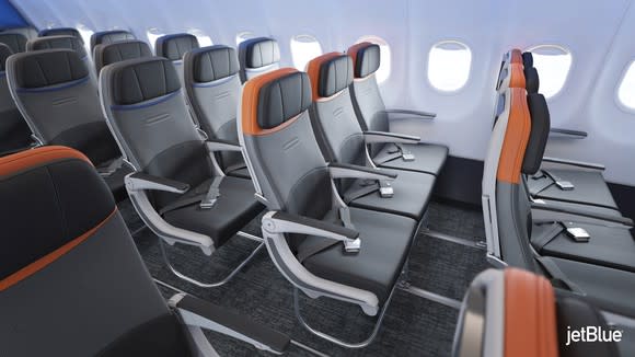 A mockup of the interior of a renovated JetBlue A320