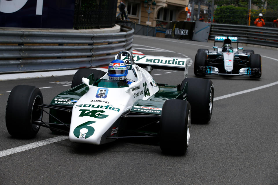 Like father… Keke and Nico Rosberg driving their respective championship-winning cars around the Monaco circuit earlier this year