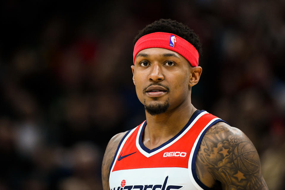 SALT LAKE CITY, UT - MARCH 29:  Bradley Beal #3 of the Washington Wizards looks on during a game against the Utah Jazz at Vivint Smart Home Arena on March 29, 2019 in Salt Lake City, Utah. NOTE TO USER: User expressly acknowledges and agrees that, by downloading and or using this photograph, User is consenting to the terms and conditions of the Getty Images License Agreement.  (Photo by Alex Goodlett/Getty Images)