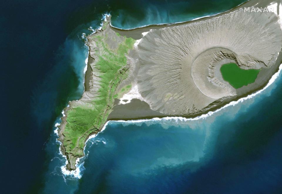 This satellite image released by Maxar Technologies was taken on April 10, 2021, shows green vegetation visibly growing on the Hunga-Tonga - Hunga-Haa&#39;pai volcano in Tonga.