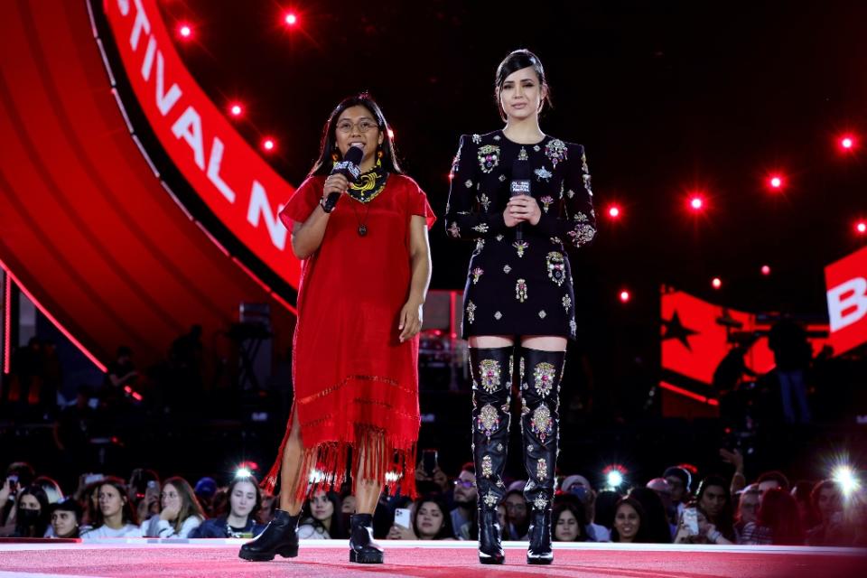 Sofia Carson speaks onstage with Mitzy Violeta Cortés at the 2022 Global Citizen Festival in Central Park in New York City on Sept. 24, 2022 in New York City. - Credit: Theo Wargo/Getty Images